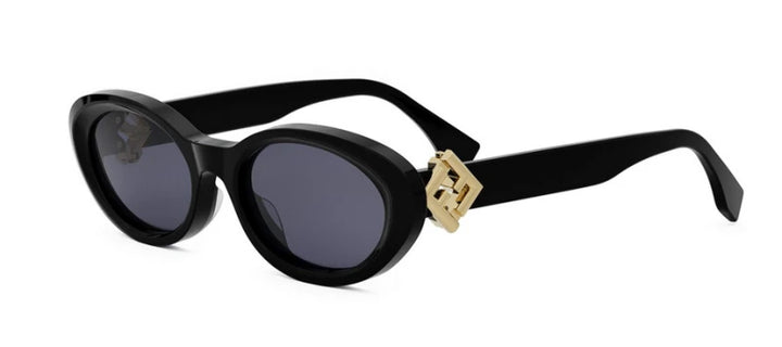 Fendi Diamonds black oval sunglasses with dark lenses and gold logo hinge detail