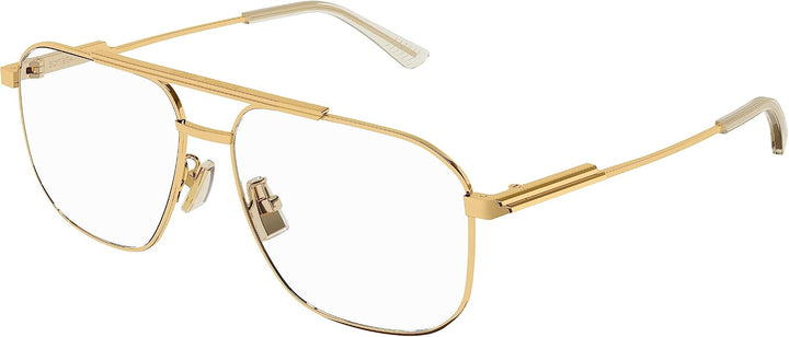 Gold pilot eyeglass frames with ribbon metal detailing and rectangular lenses