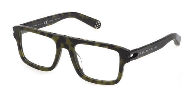 Philipp Plein square acetate eyeglass frames, dark havana green and tortoise.