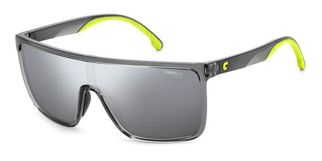 Carrera sunglasses with grey transparent frame, dark lenses, neon green temple tips