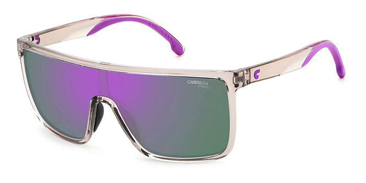 Carrera sunglasses with clear frame and purple mirrored lenses, purple temple accents