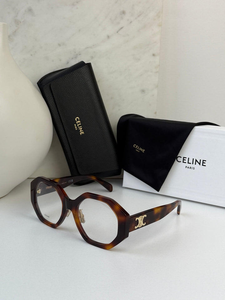Celine CL50161F Triomphe Angled Eyeglasses Frames in Havana Brown