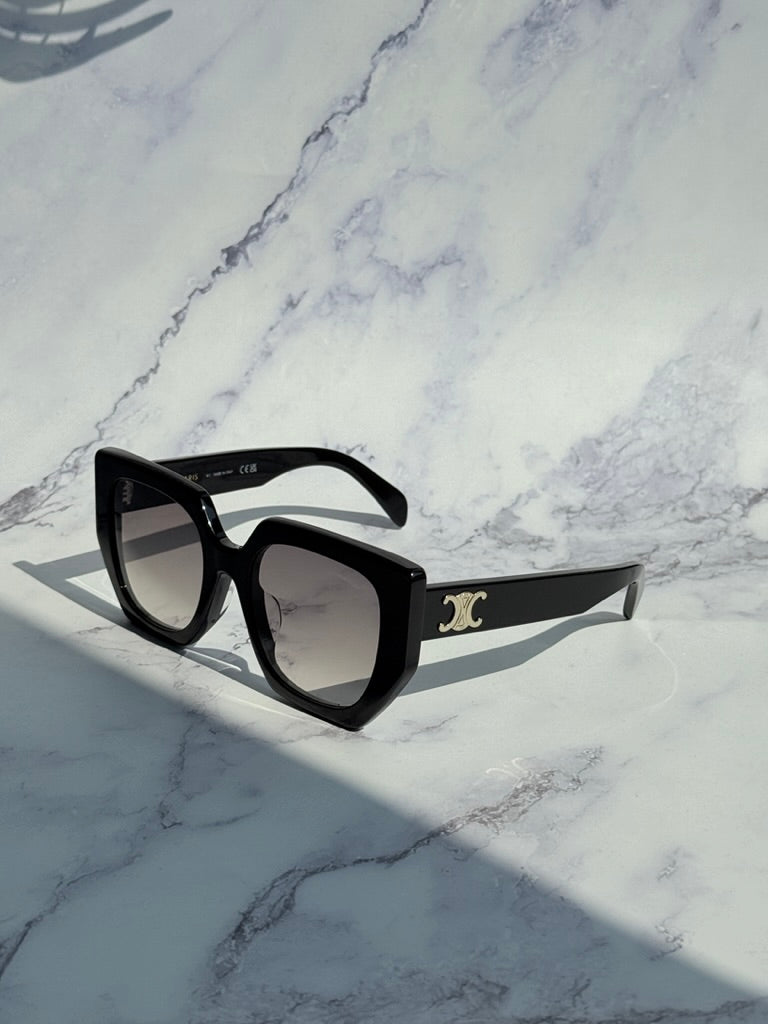 Celine black squared cat-eye sunglasses with gold Triomphe emblem on side arm