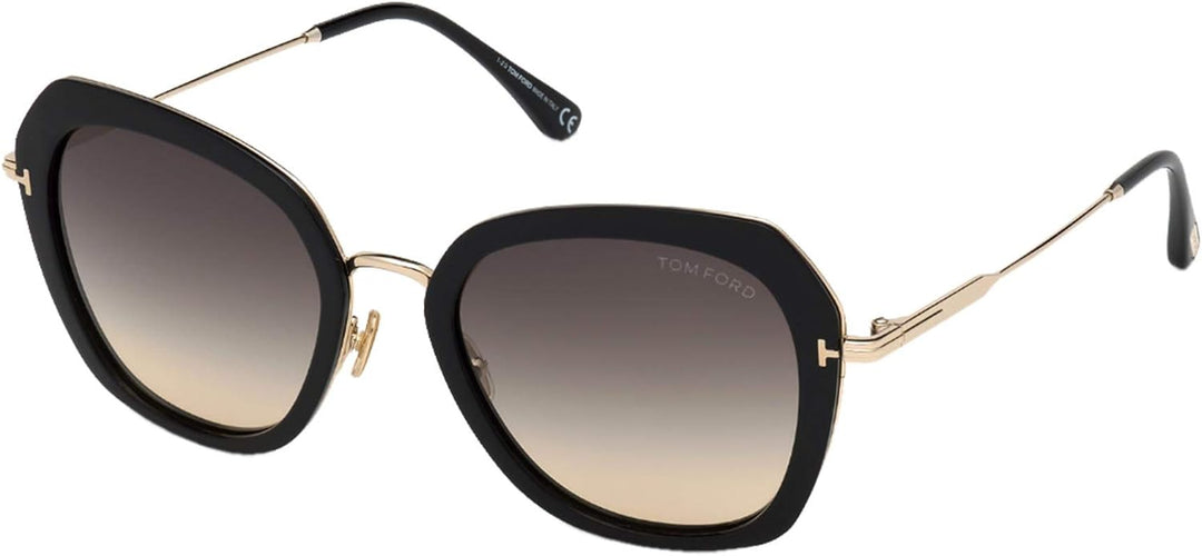Black and gold Tom Ford square sunglasses with dark gradient lenses and slim metal arms