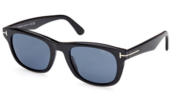 Black sunglasses with polarized blue lenses and metal logo on temple