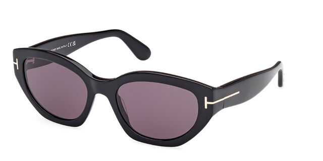 Tom Ford black cat-eye sunglasses with purple-tinted lenses and gold-tone logo hinges