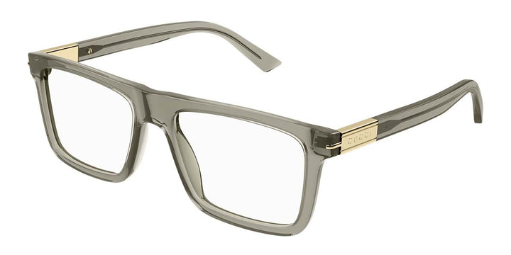 Gucci grey transparent rectangular eyeglass frames with gold logo temples