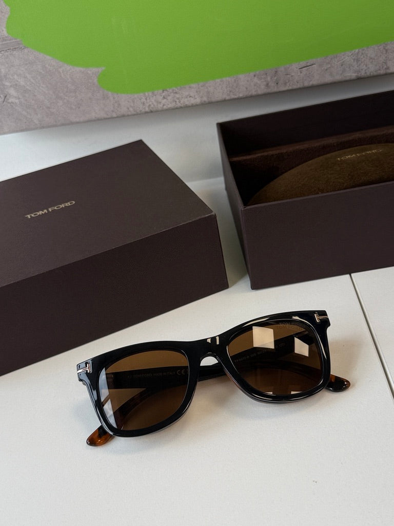 Tom Ford black square clip-on sunglasses with tortoise accents and brown lenses