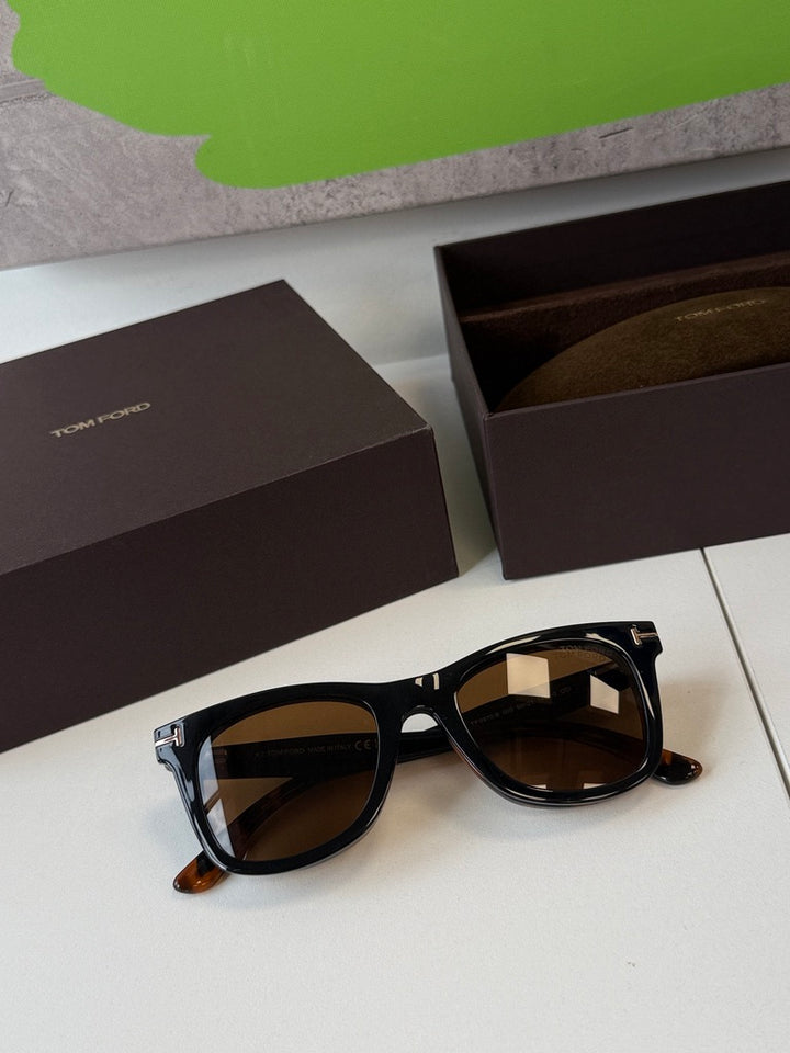 Tom Ford black square clip-on sunglasses with tortoise accents and brown lenses