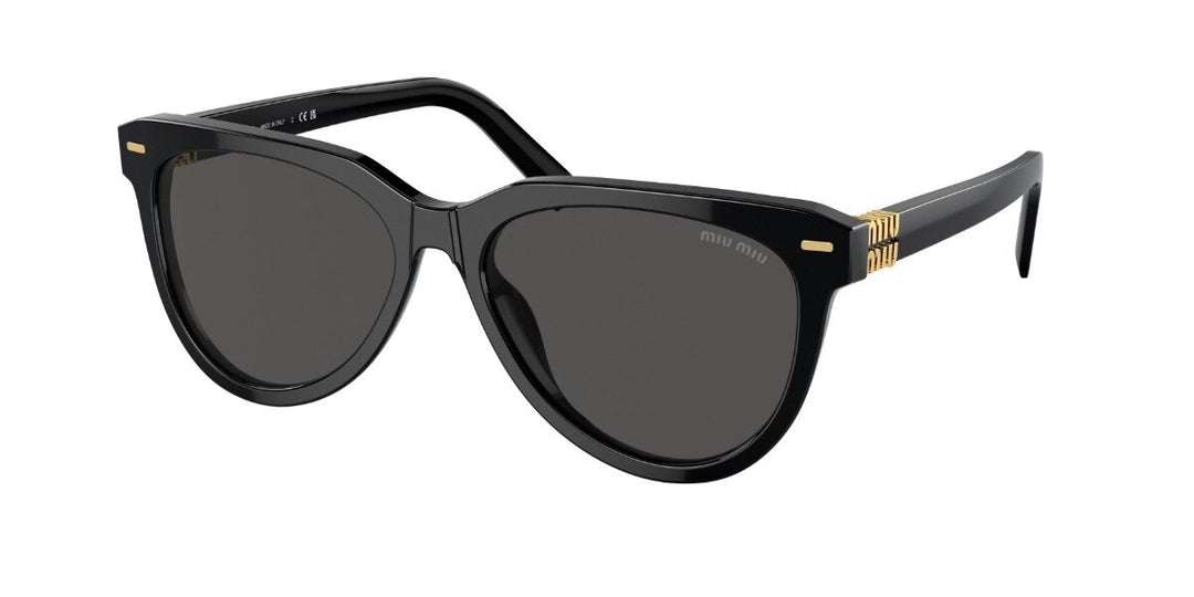Miu Miu MU12ZS oversized black sunglasses with dark lenses and gold logo detail on temple