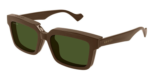 Gucci clip-on sunglasses in brown frame with green tinted lenses, side view