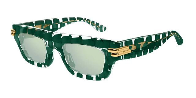 Bottega Veneta unisex sunglasses with green braided frame and gold bridge, green lenses