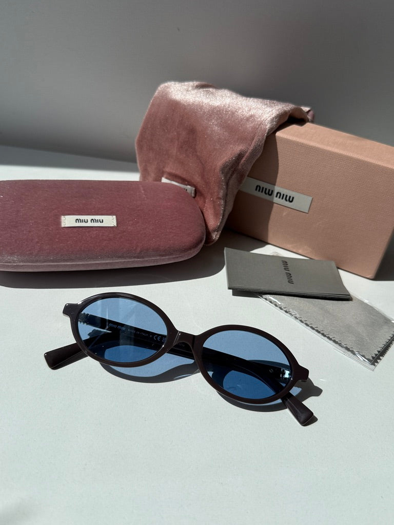 Oval blue-lens sunglasses with dark frames, shown with protective pouch