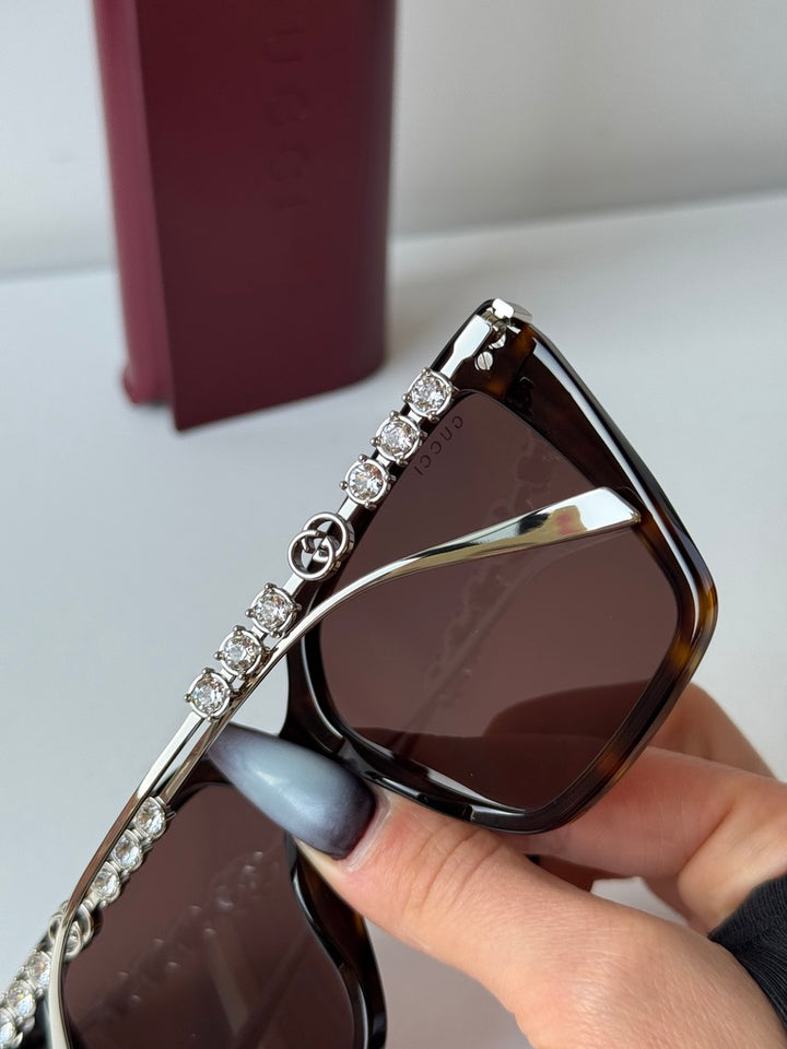 Gucci GG1967S Squared Cat Eye Crystal Sunglasses in Dark Havana
