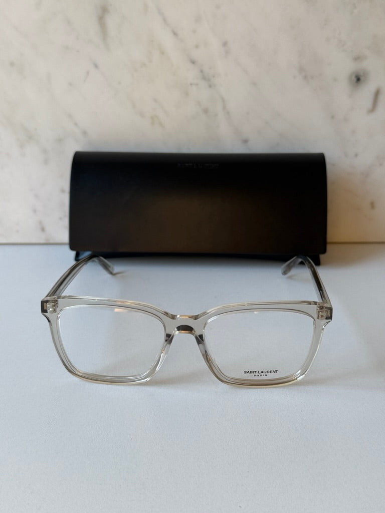 Clear rectangular eyeglass frames with case, front view