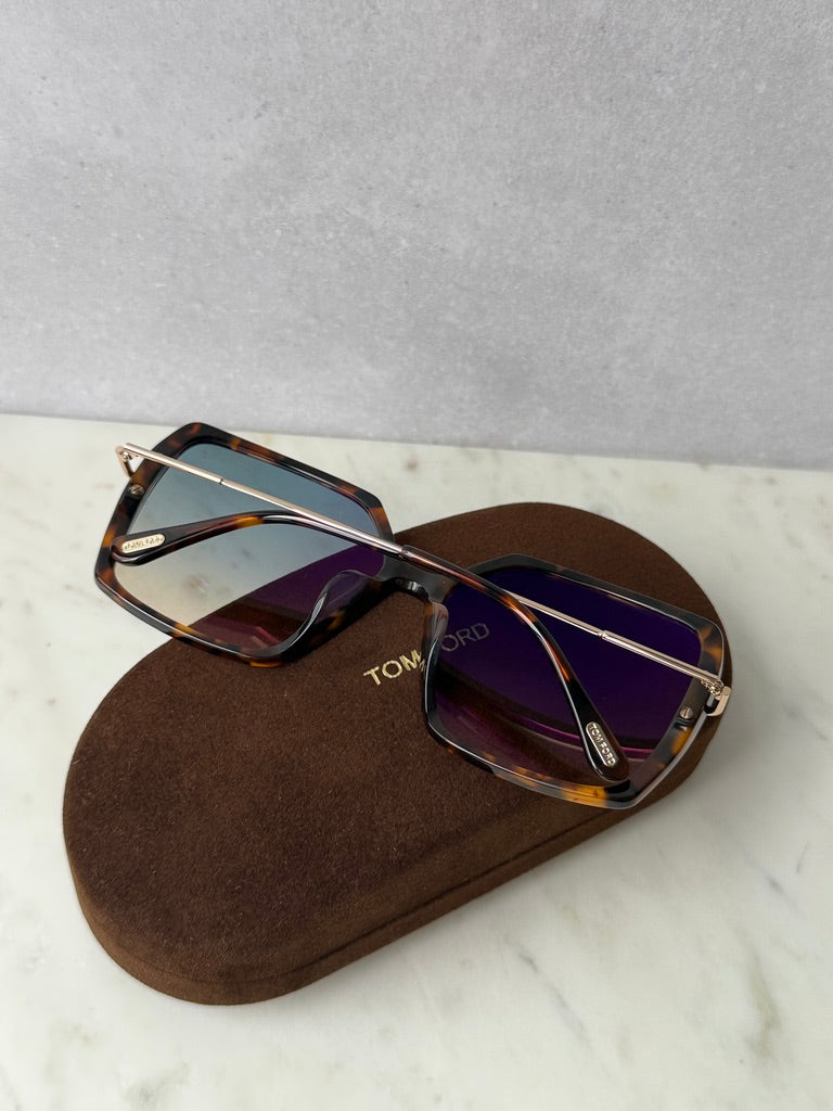 Tortoiseshell-style square sunglasses with purple-tinted lenses, TOM FORD on case
