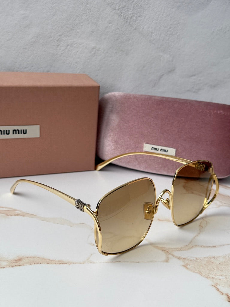Miu Miu MU A57S Gold Brown Oversized Round Sunglasses