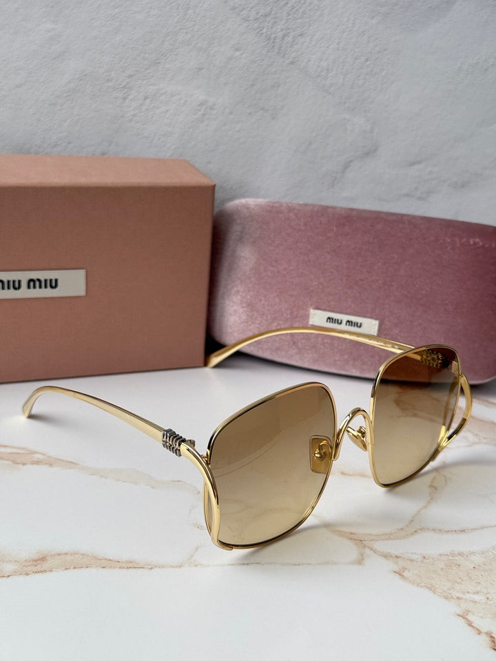 Miu Miu MU A57S Gold Brown Oversized Round Sunglasses