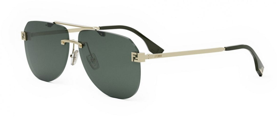 Fendi rimless aviator sunglasses with dark green lenses and gold metal frame