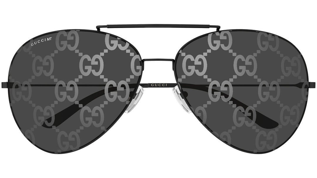 Front view aviator sunglasses with dark lenses and black GG logo patterned frame