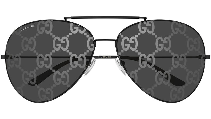 Front view aviator sunglasses with dark lenses and black GG logo patterned frame