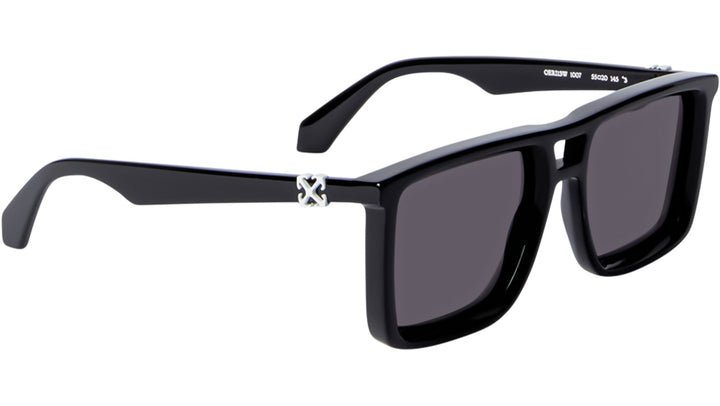 Off White aviator sunglasses, black frame, dark lenses, side view