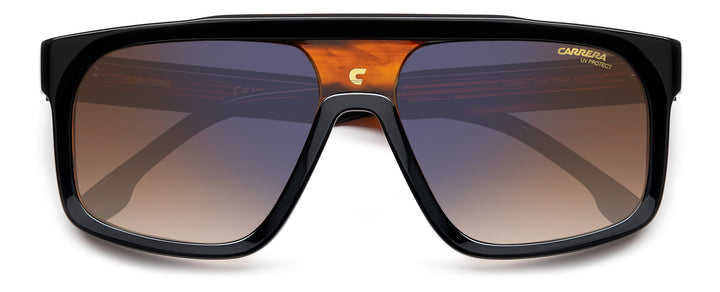 Front view of Carrera mask sunglasses with dark frame and brown gradient lenses
