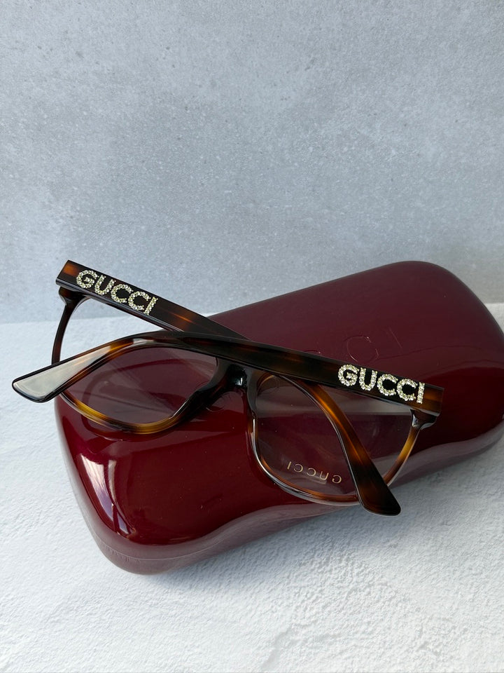 Gucci GG0421O Crystal Logo Cat Eye Eyeglasses Frames in Havana Brown