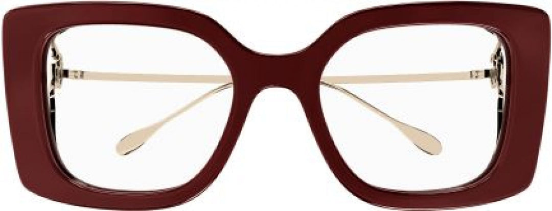 Burgundy square eyeglasses frames with clear lenses and gold metal hinges