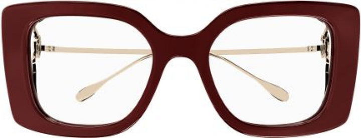 Burgundy square eyeglasses frames with clear lenses and gold metal hinges