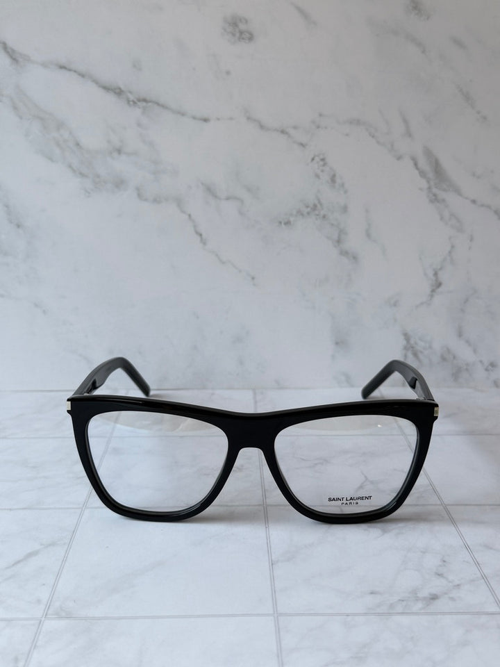 Black rectangular eyeglass frames with flat top corners and clear lenses
