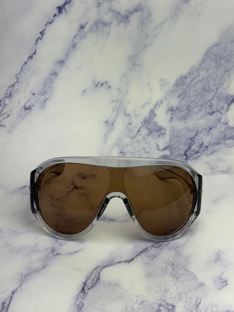 Bottega Veneta oversized mask sunglasses, clear frame, dark brown lenses