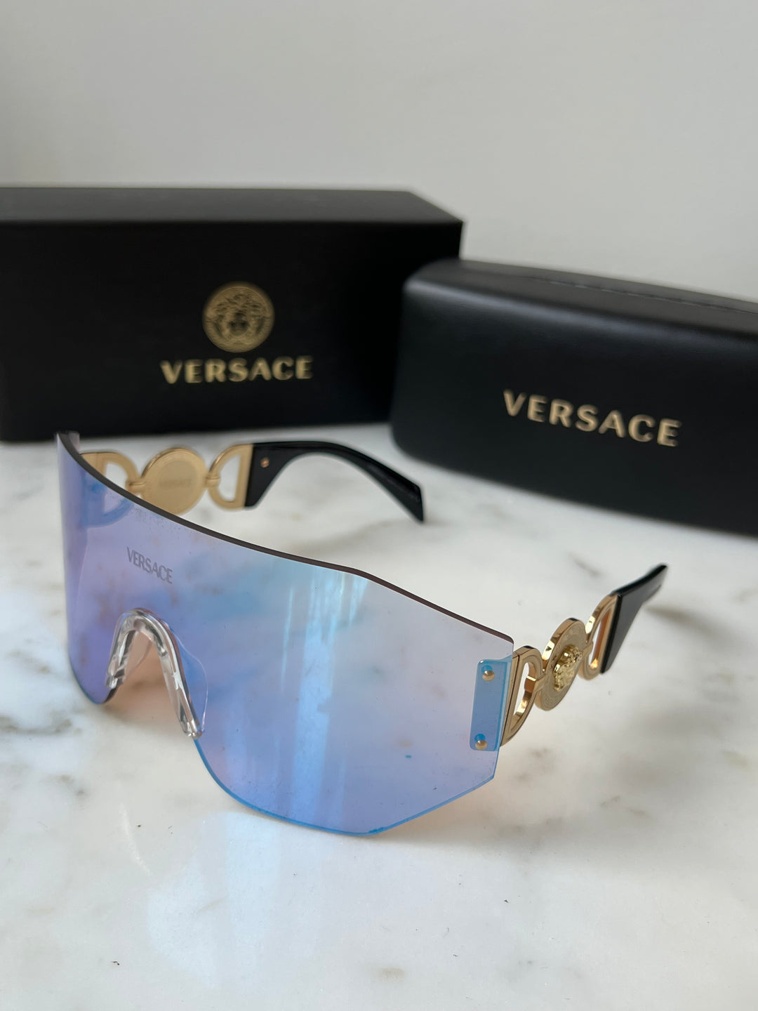 Versace VE2258 Shield Sunglasses in Blue Pink Mirror