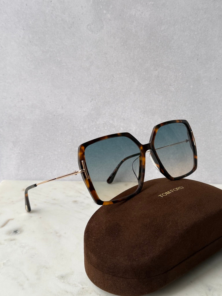 Havana brown square sunglasses with blue lenses and thin metal arms, TOM FORD