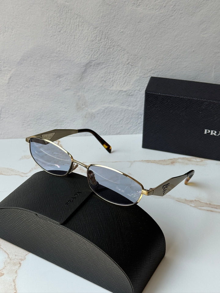 Prada PR D51S Metal Oval Sunglasses in Gold Blue