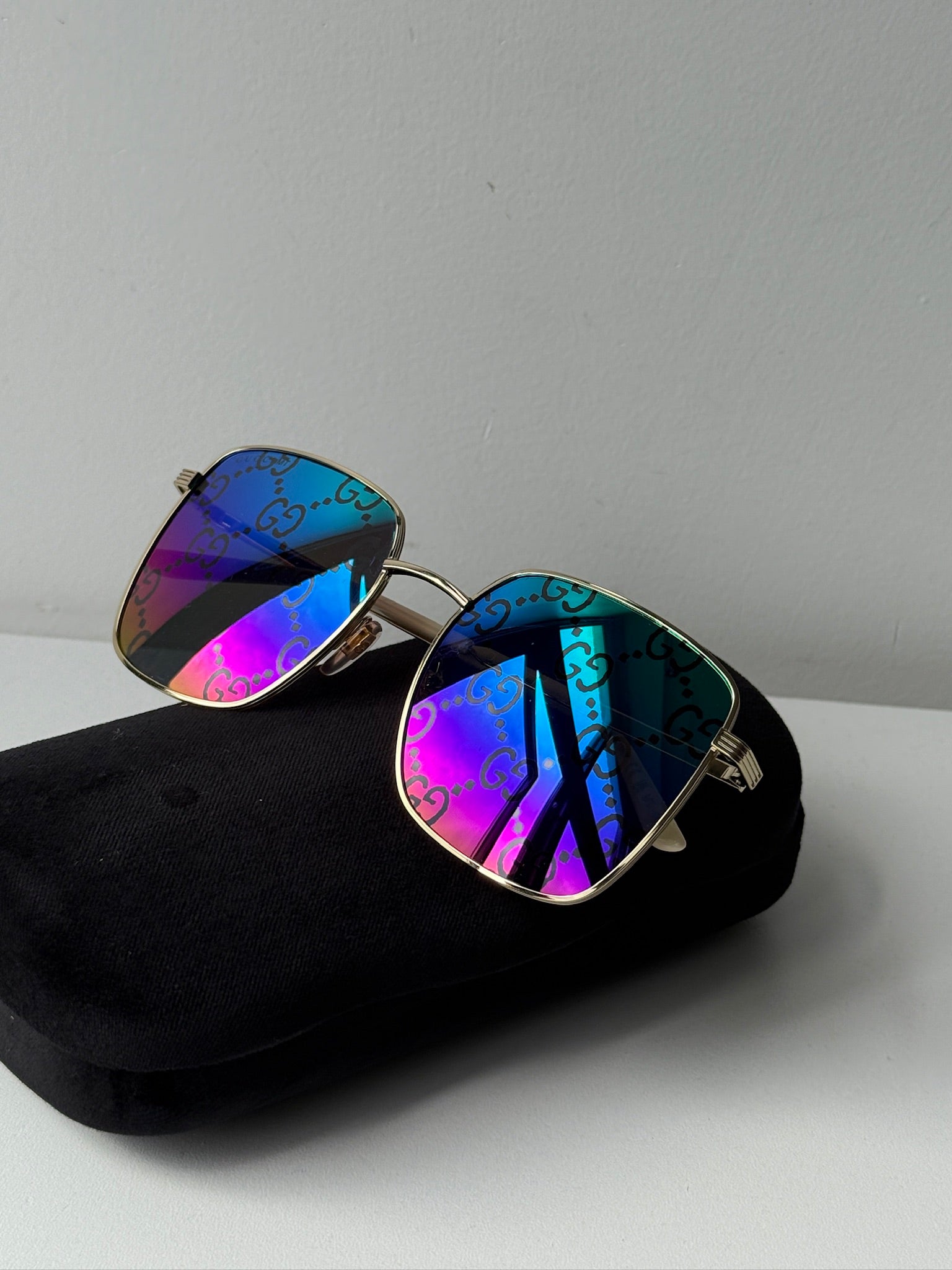 Gucci GG0802S Rainbow Logo Mirrored Lens Square Sunglasses