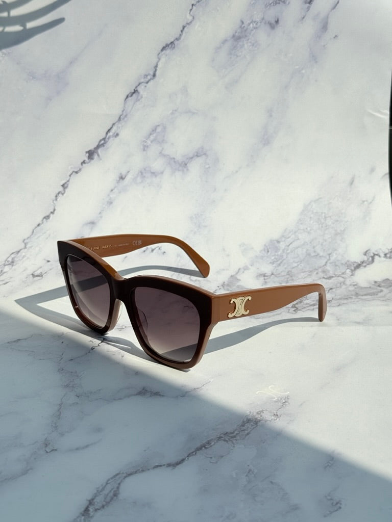 Celine brown cat-eye sunglasses with dark green lenses, gold logo and slim arms