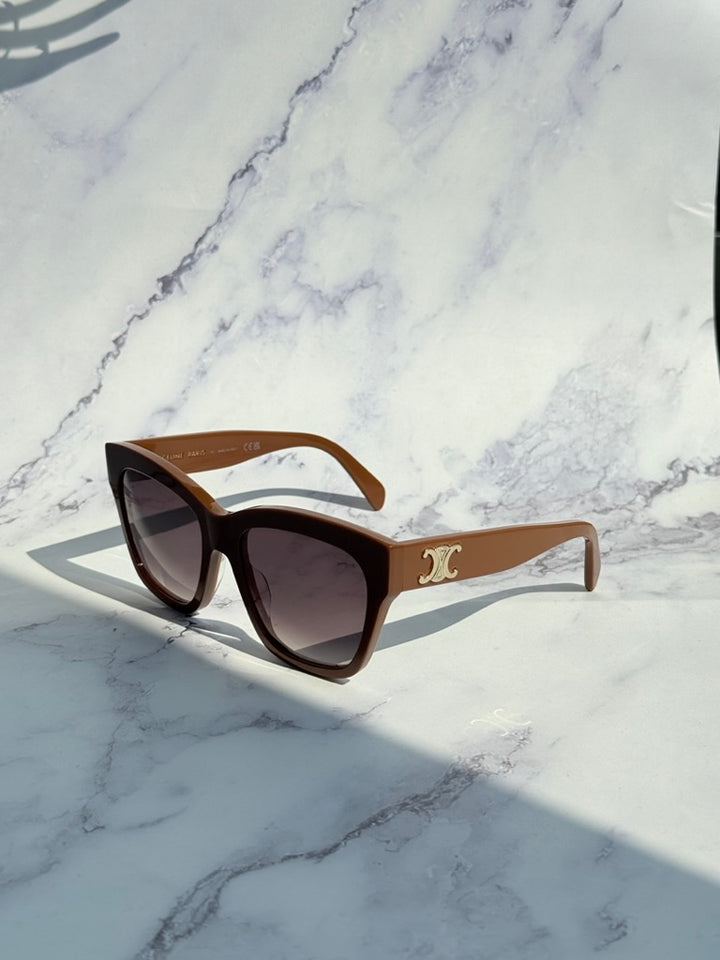 Celine brown cat-eye sunglasses with dark green lenses, gold logo and slim arms