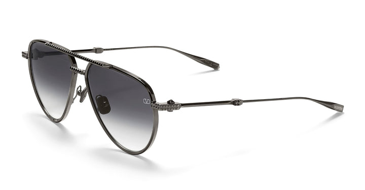 Valentino ruthenium aviator sunglasses with dark gradient lenses, V-stud temple details