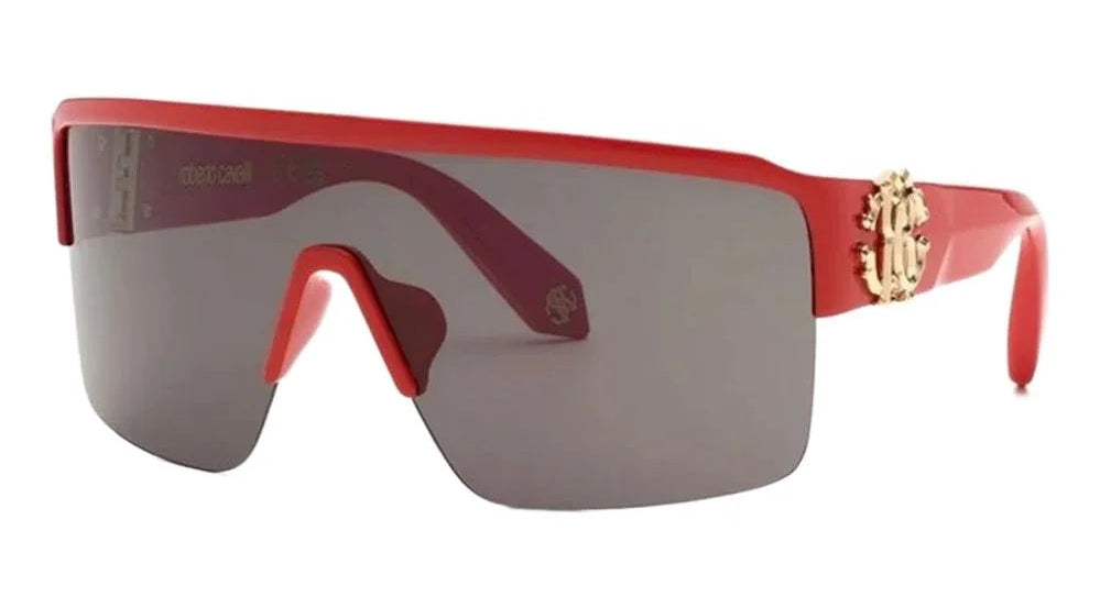 Red wrap-around shield sunglasses with a gold-tone double-C logo on the temple and dark gray lenses, shown on a plain white background.
