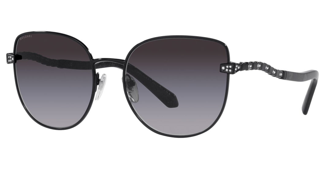 Black cat-eye sunglasses with dark gradient lenses and metal temples