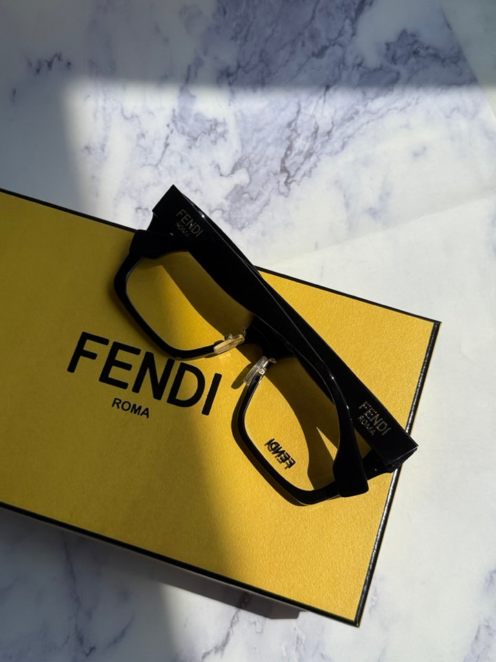 Fendi black square eyeglass frames with logo temple detail