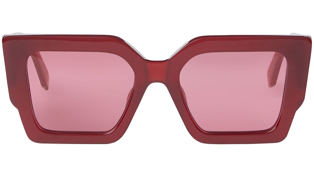 Off White Catalina sunglasses close-up, burgundy red square frames with pink lenses.