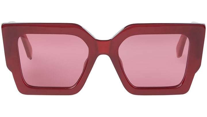 Off White Catalina sunglasses close-up, burgundy red square frames with pink lenses.