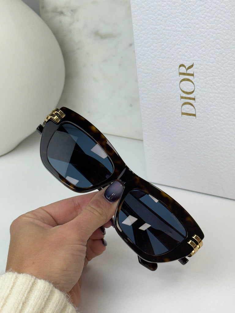 Havana brown Dior sunglasses detail with blue lenses, gold hinge accents, and Dior branding