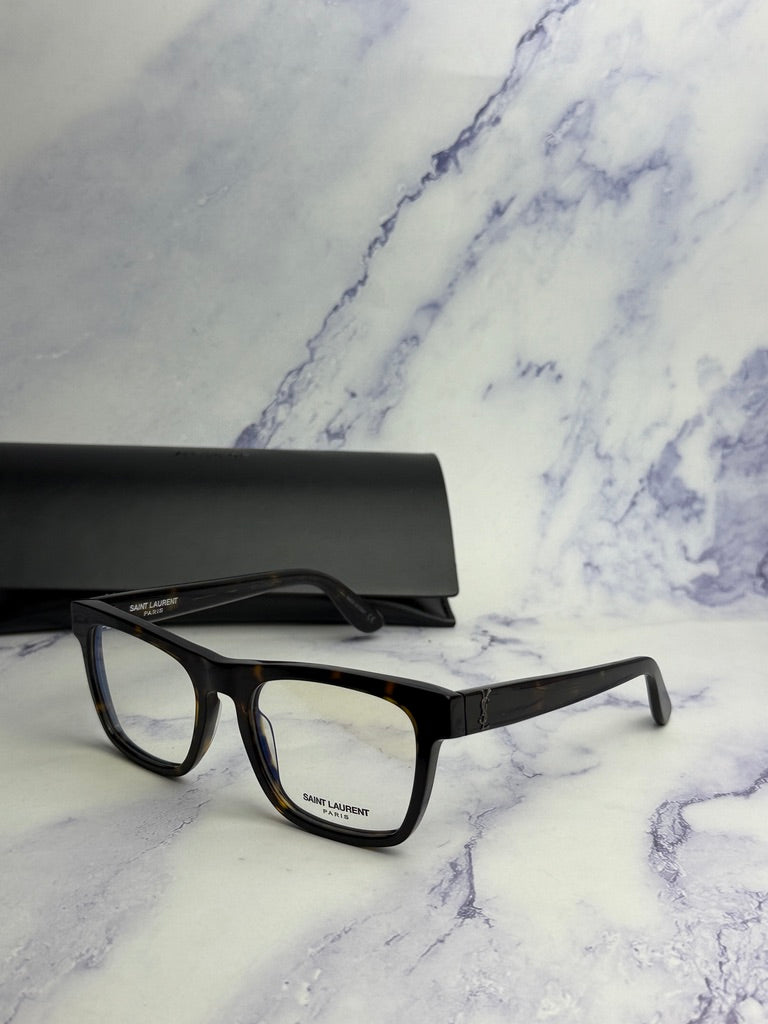 Saint Laurent square eyeglass frames in dark brown tortoise, angled side view