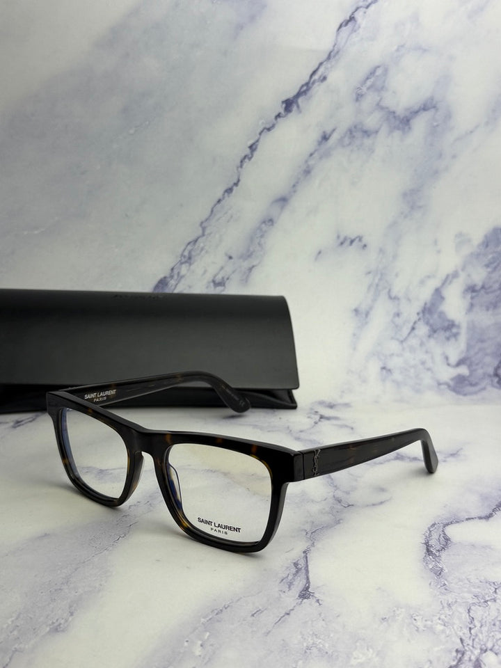 Saint Laurent square eyeglass frames in dark brown tortoise, angled side view