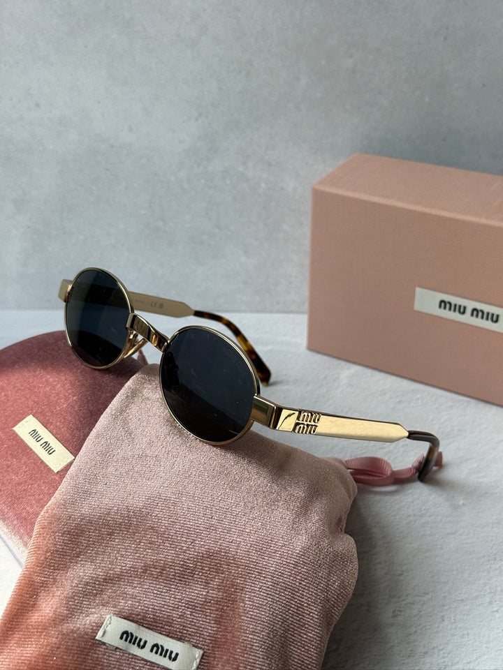 Miu Miu MU B51S Gold Blue Oval Sunglasses