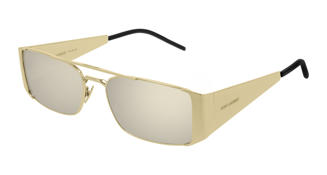 Gold metal sunglasses with square lenses and angled temples, beige tinted lenses