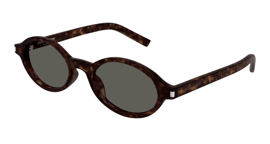 Havana brown round sunglasses, dark lenses, tortoiseshell frame and curved arms